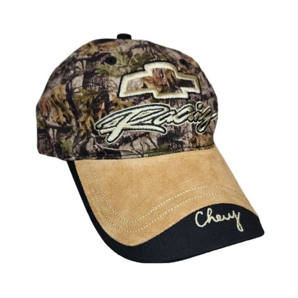 Men's Hat Cap Chevrolet Chevy Racing One Size Cotton Camo & Suede Strap Back - Picture 1 of 9